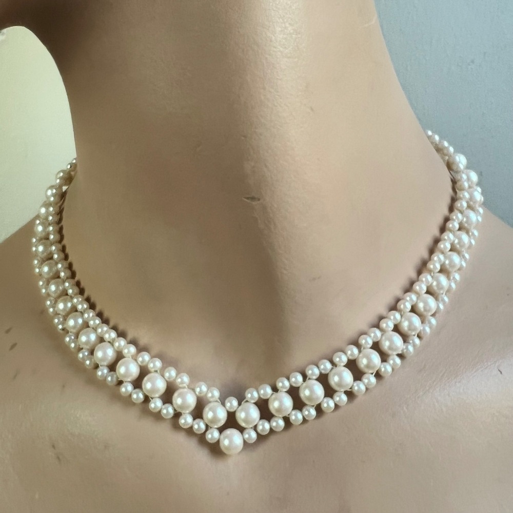Cream Faux Pearl Triple Strand Woven Bib Necklace Adjustable Vintage 1950s 1960s